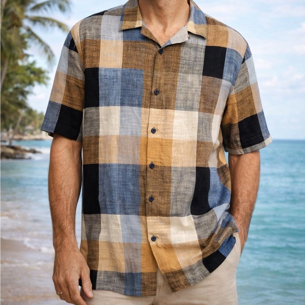 Trust Linen Blend Plaid Button Up Shirt XXL Short Sleeve Blue Tan Black Casual
